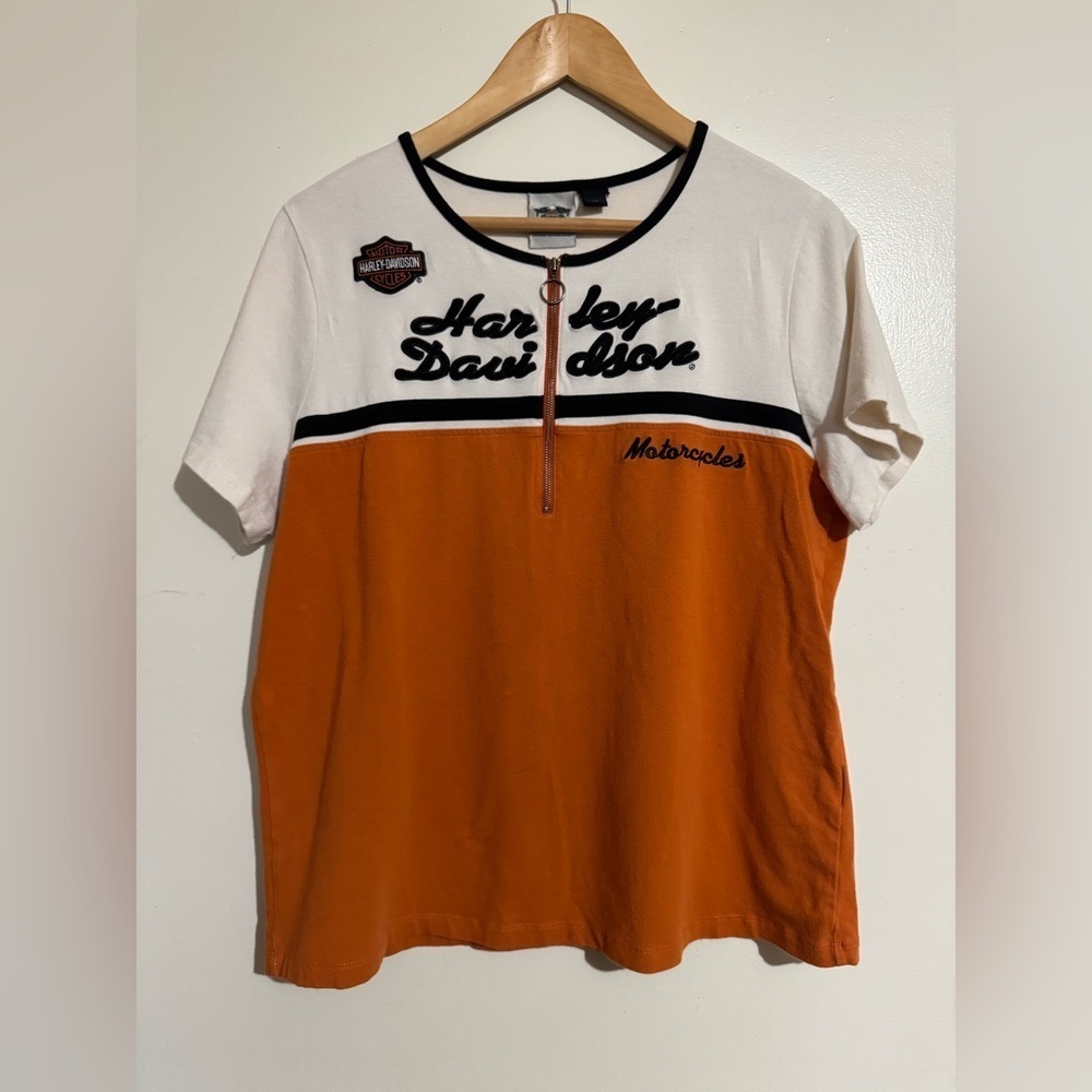 Harley-Davidson Motorcycle shirt Orange and Cream Tee 1W half zip